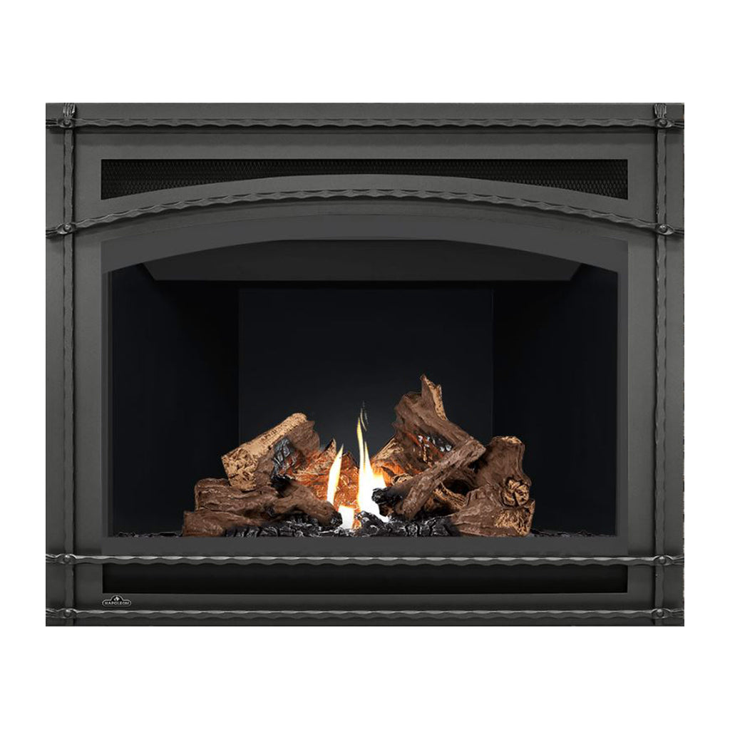 Direct vent gas fireplace front opening with black interior, burning logs visible