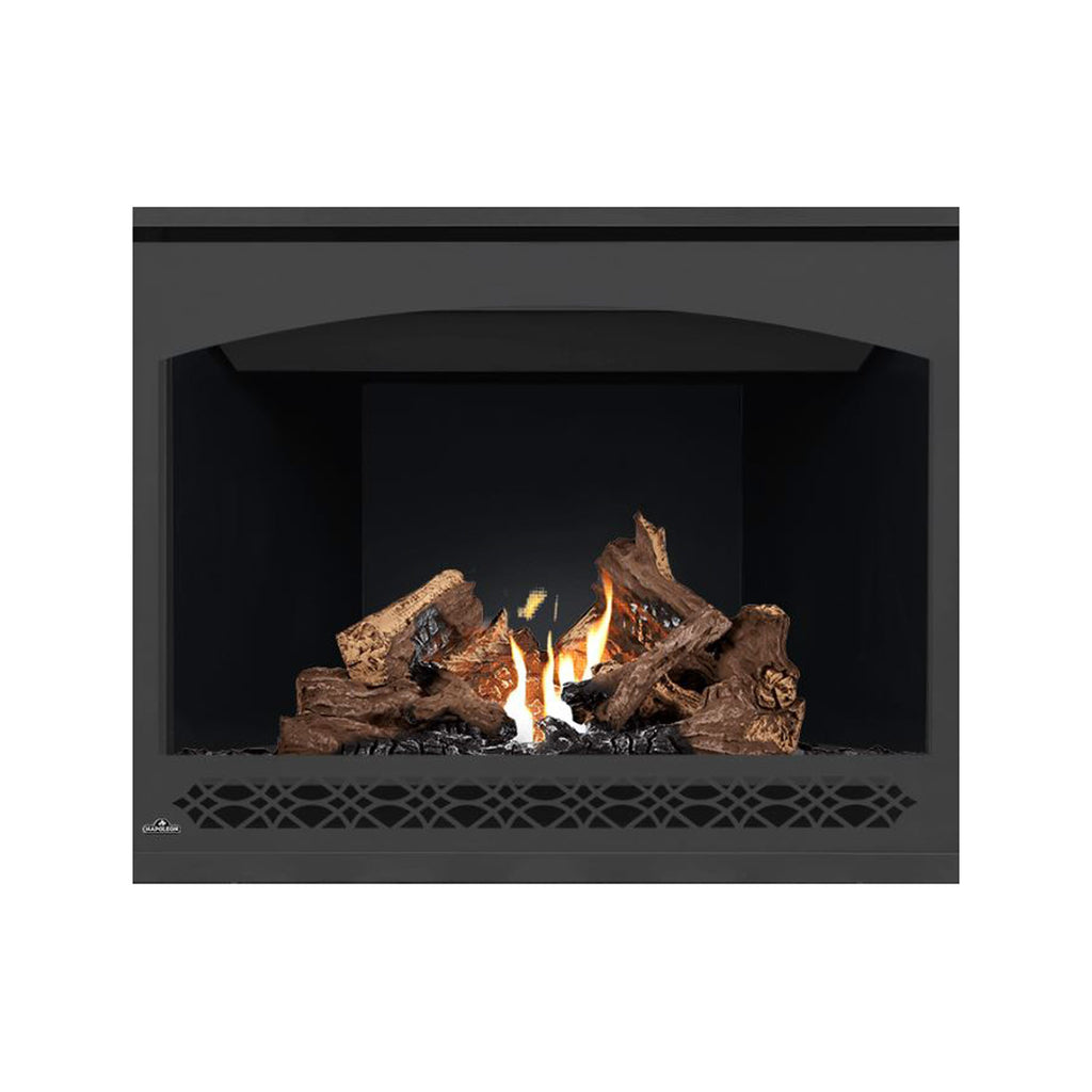 Direct vent gas fireplace with dark frame, glowing flames and black firebox interior.