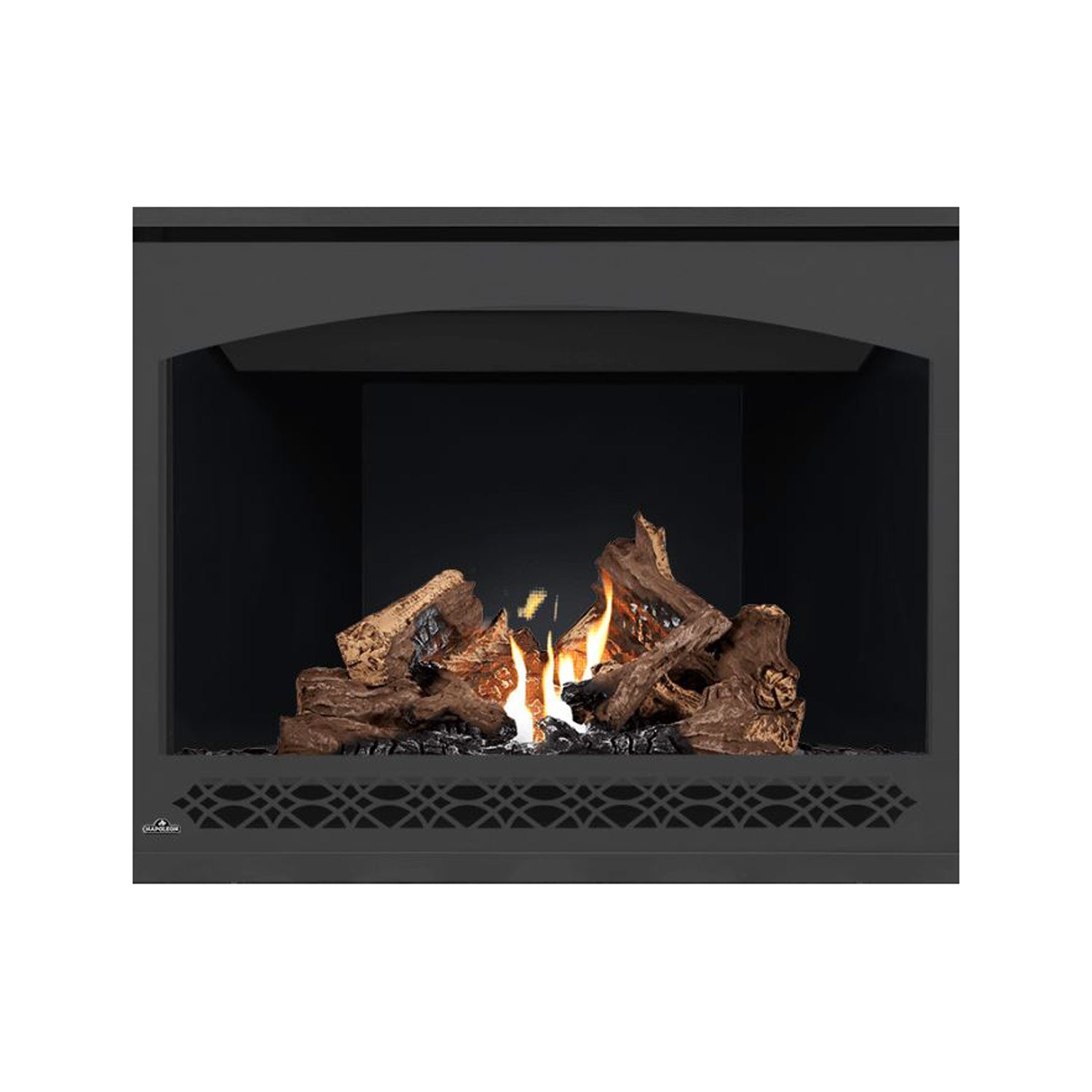 Direct vent gas fireplace with dark frame, glowing flames and black firebox interior.