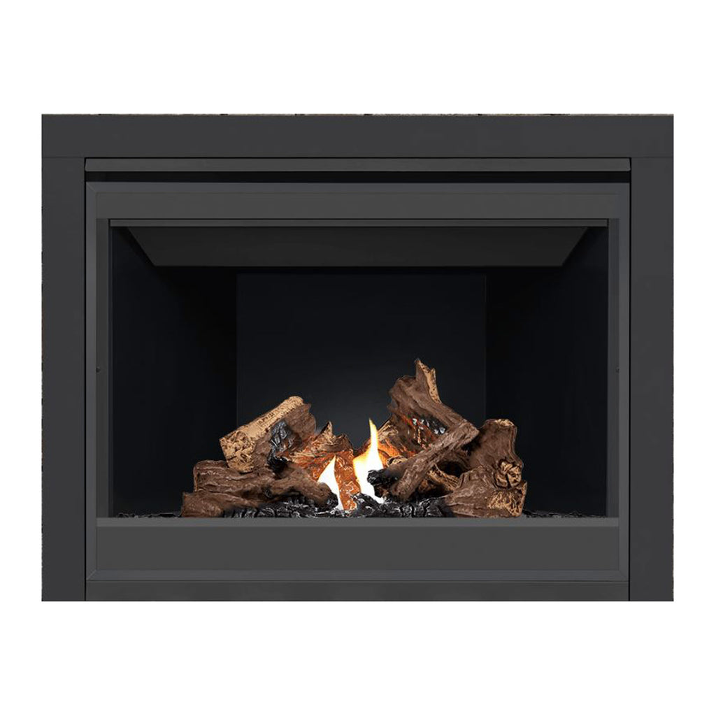Black direct-vent gas fireplace with glowing logs and visible burner flames