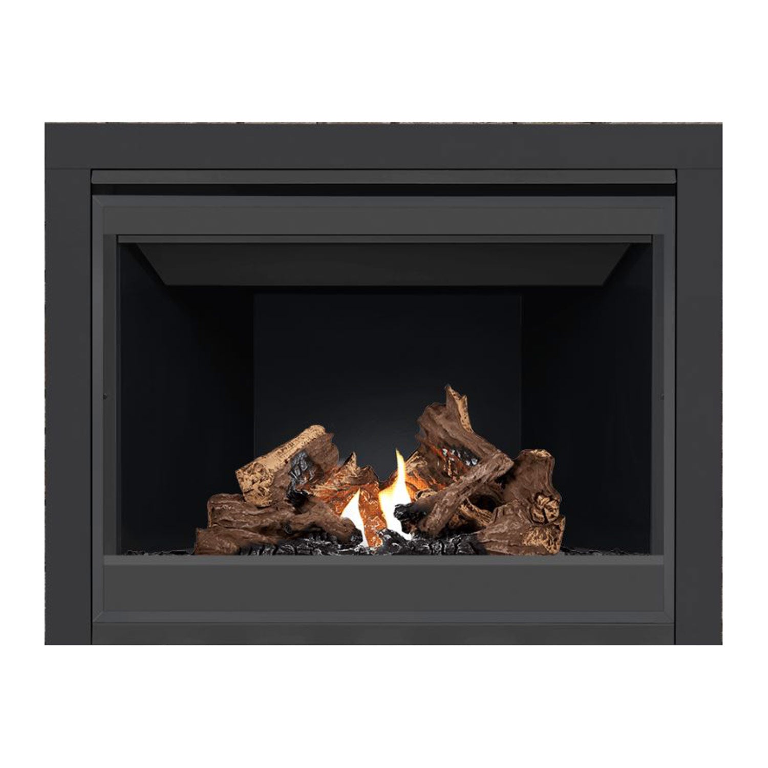 Black direct-vent gas fireplace with glowing logs and visible burner flames