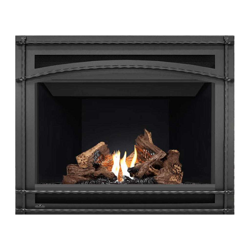 Black direct-vent gas fireplace with burning logs and flames in the glass front opening