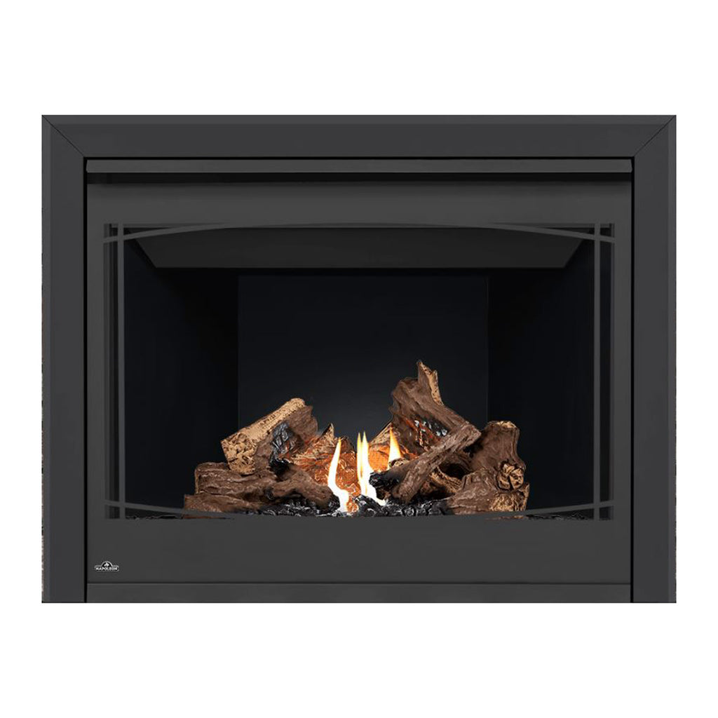 Direct vent gas fireplace front view with dark frame, flame, and stacked log pieces