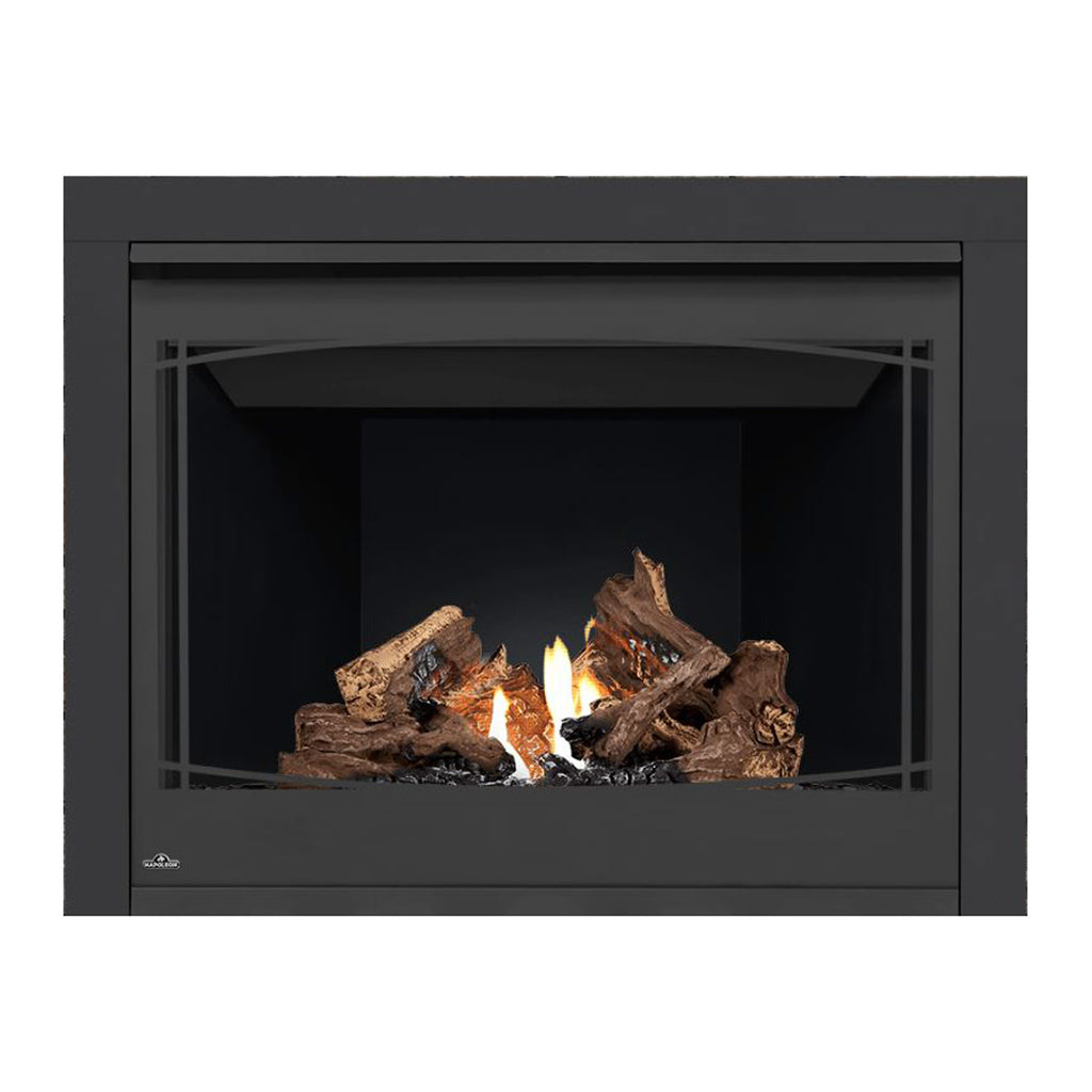 Direct vent gas fireplace with black surround, burning logs, and flames behind dark interior.
