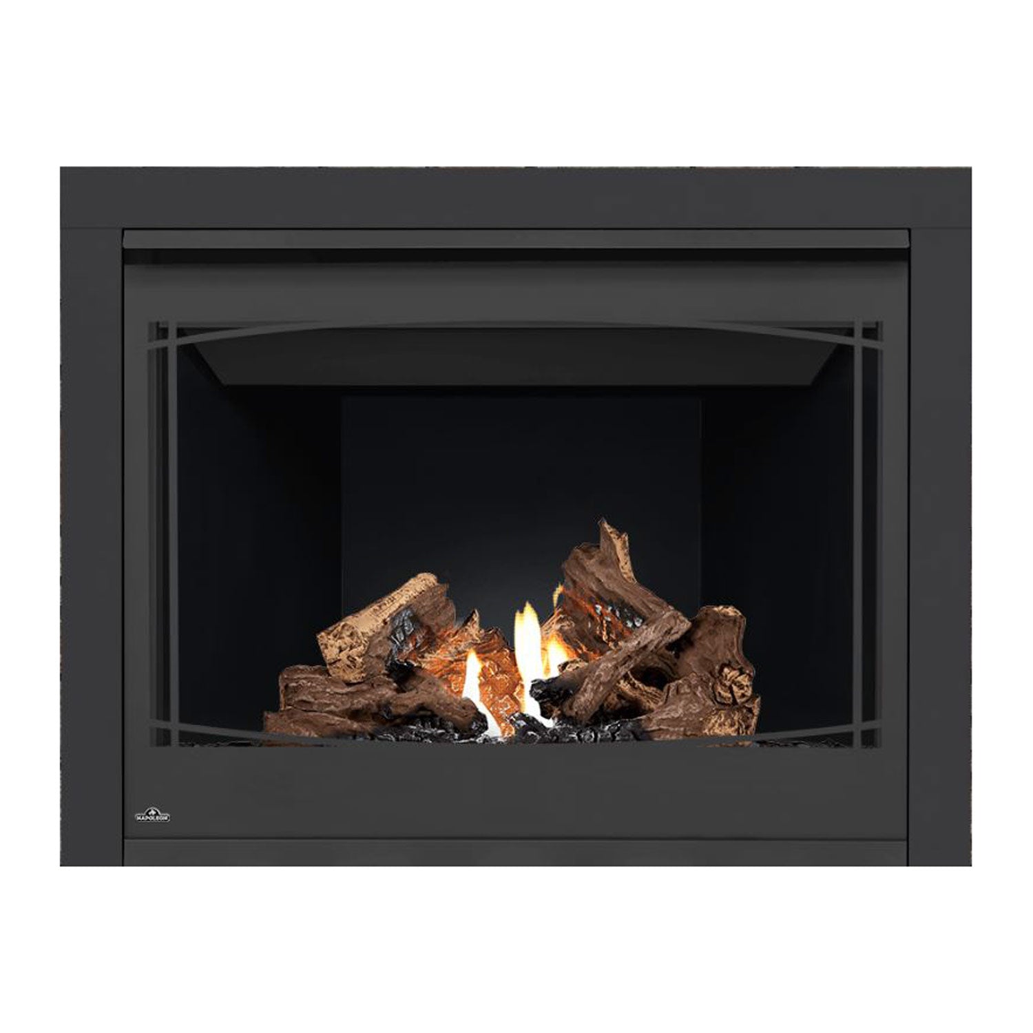 Direct vent gas fireplace with black surround, burning logs, and flames behind dark interior.