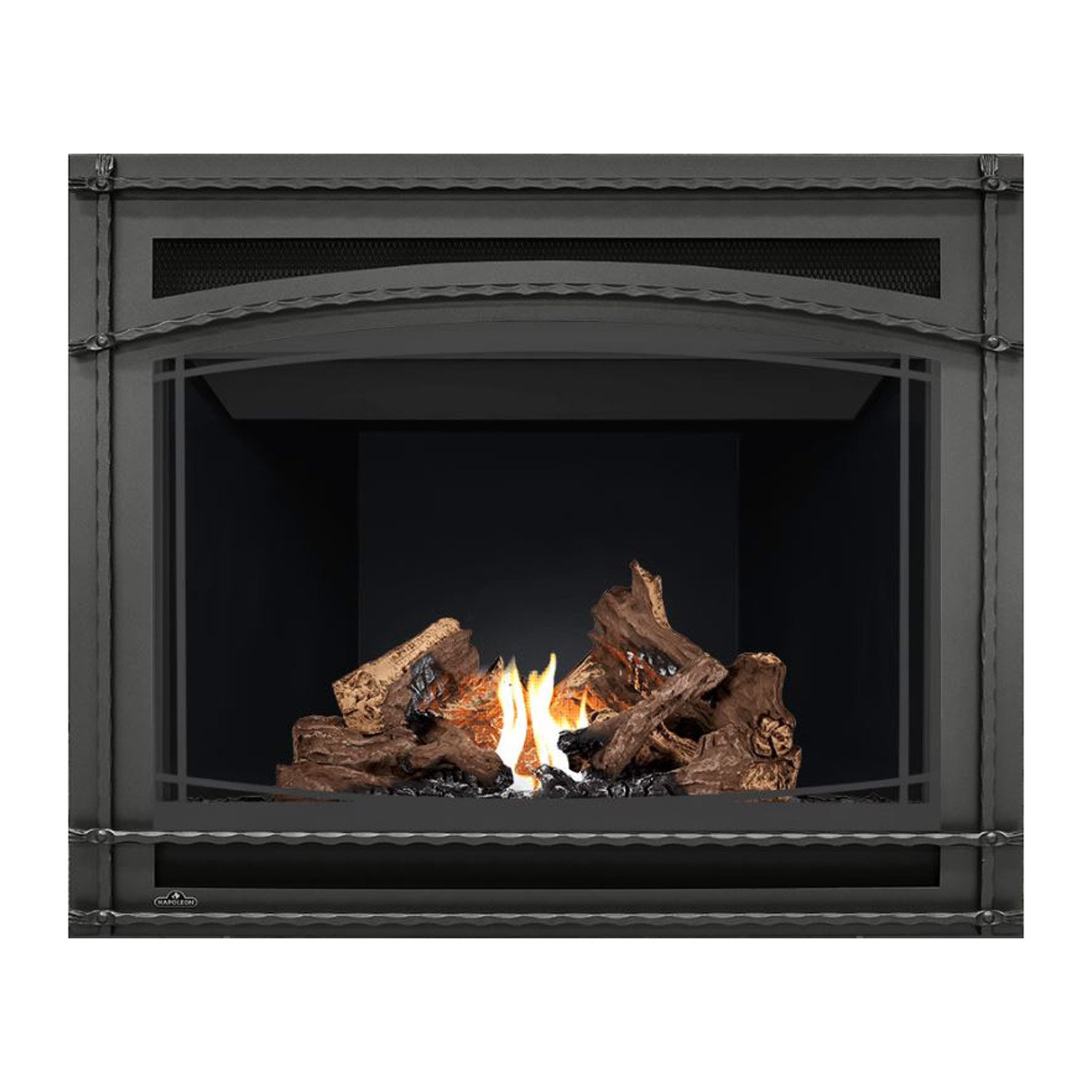 Direct vent gas fireplace front opening with dark interior, burning logs and flames