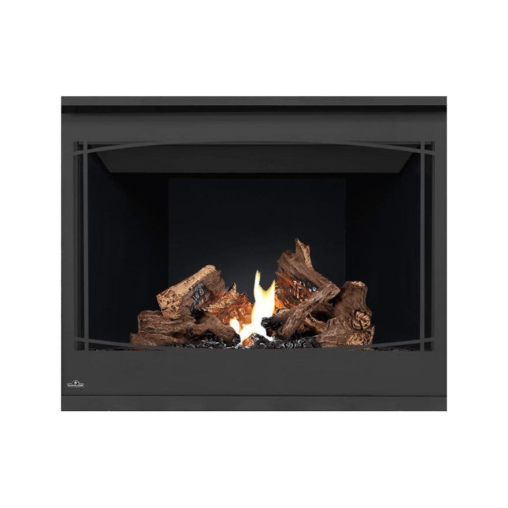 Black direct vent gas fireplace with glass panel, front view showing burning logs and flames