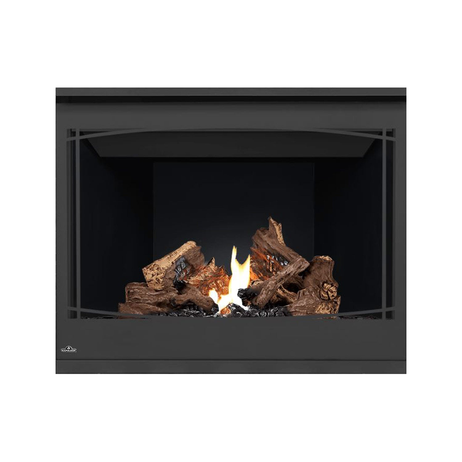 Black direct vent gas fireplace with glass panel, front view showing burning logs and flames