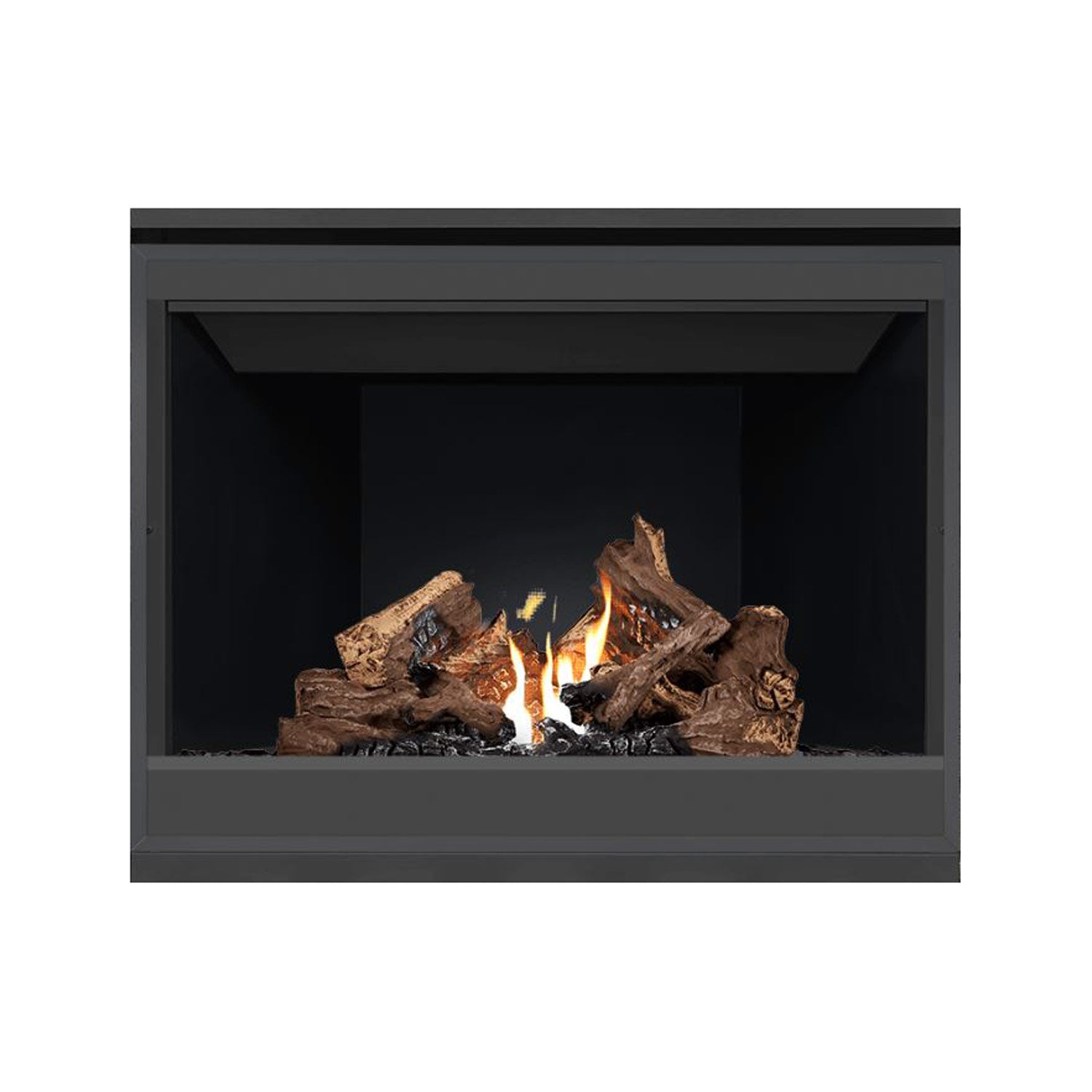 Direct vent gas fireplace with dark metal frame, glass opening showing burning logs and flames