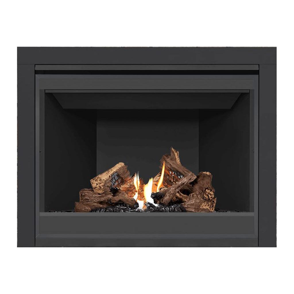 Black direct vent gas fireplace with glass front, centered flames over stacked log set