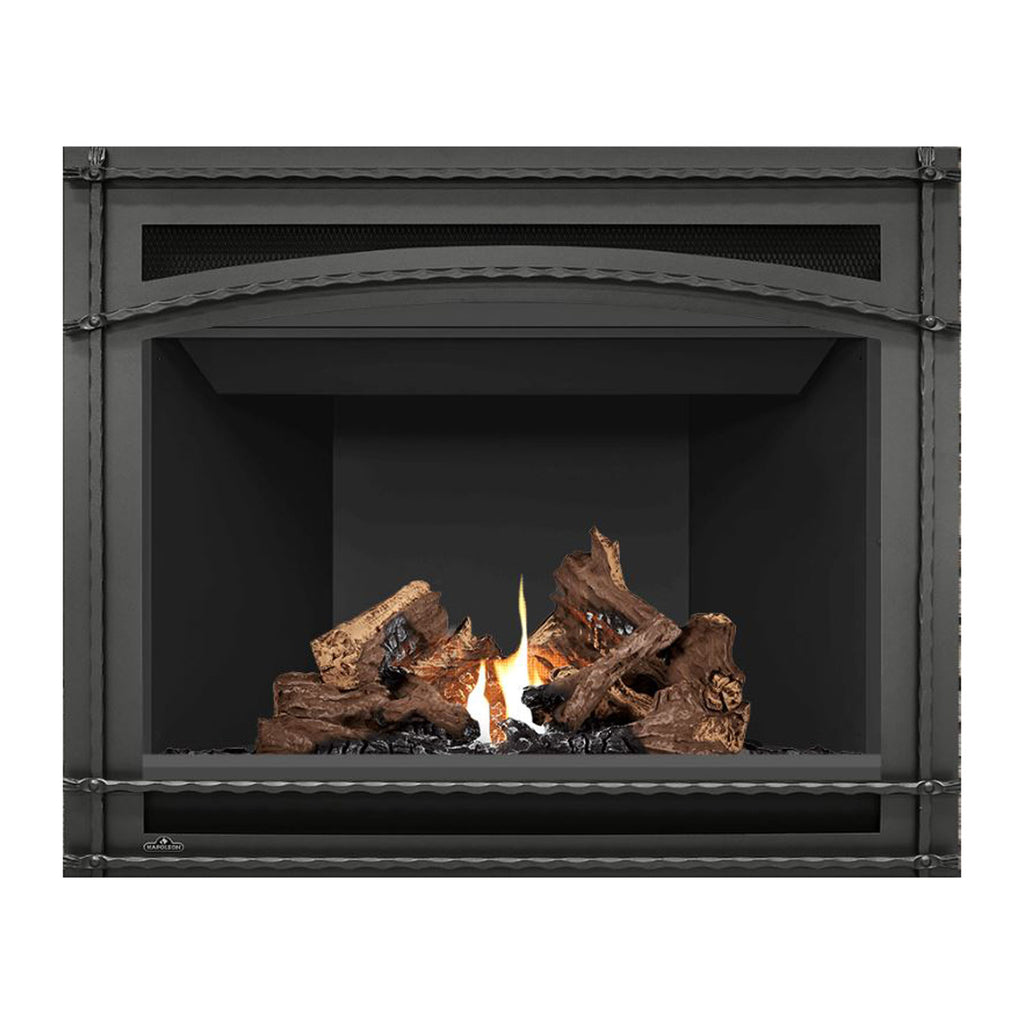 Direct vent gas fireplace with dark metal frame, glass front, burning logs and flames