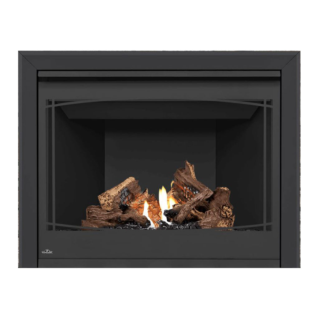 Direct vent gas fireplace with black front and view window, flame with log set behind grates