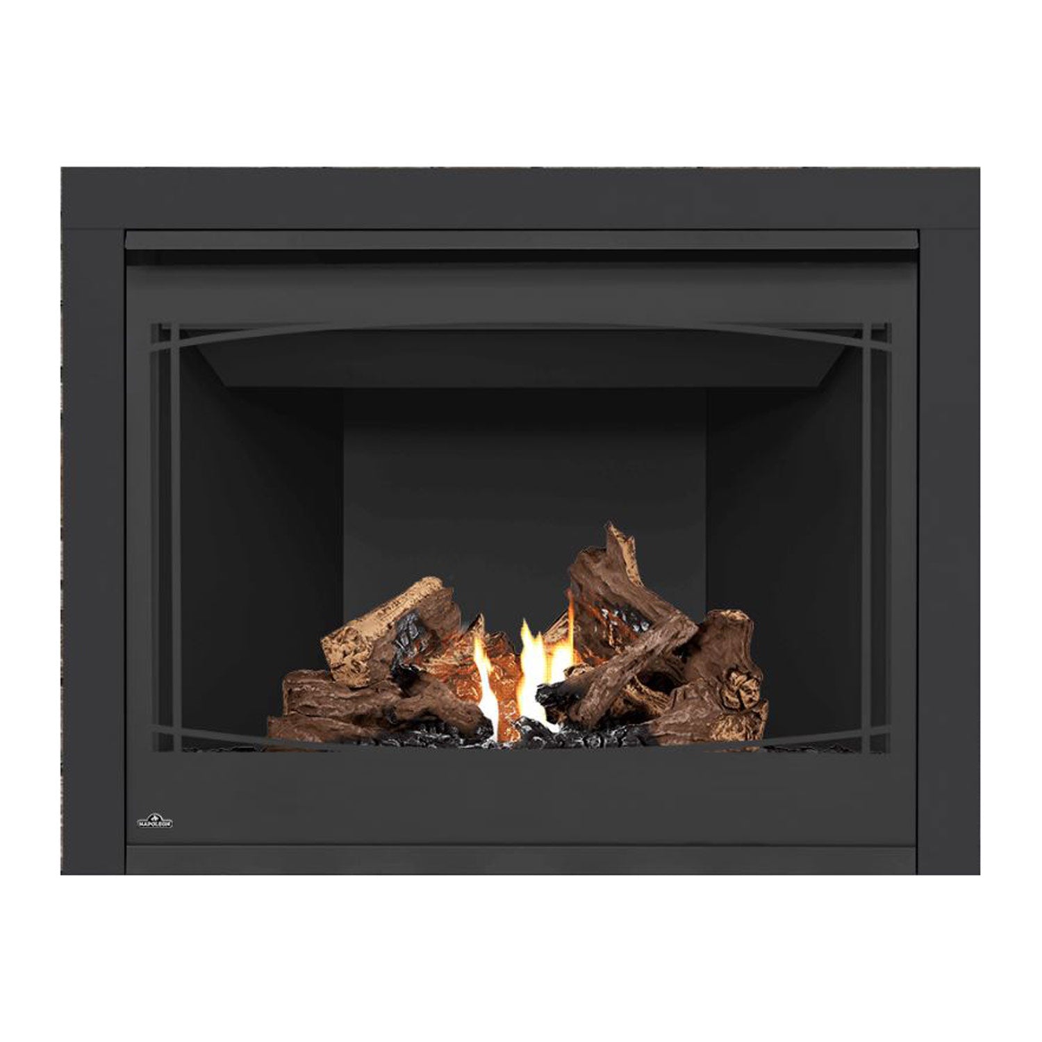 Black direct-vent gas fireplace with burning logs and flames in the firebox