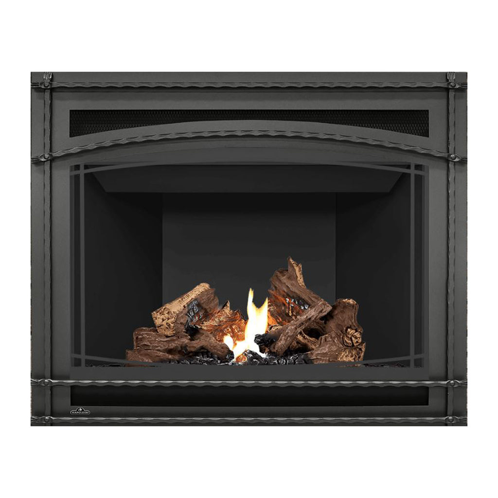 Black direct-vent gas fireplace with burning logs and flames against dark interior