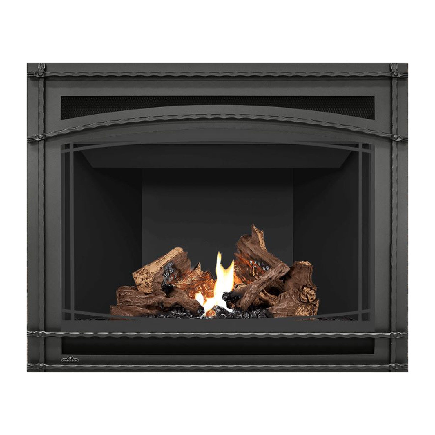 Black direct-vent gas fireplace with burning logs and flames against dark interior