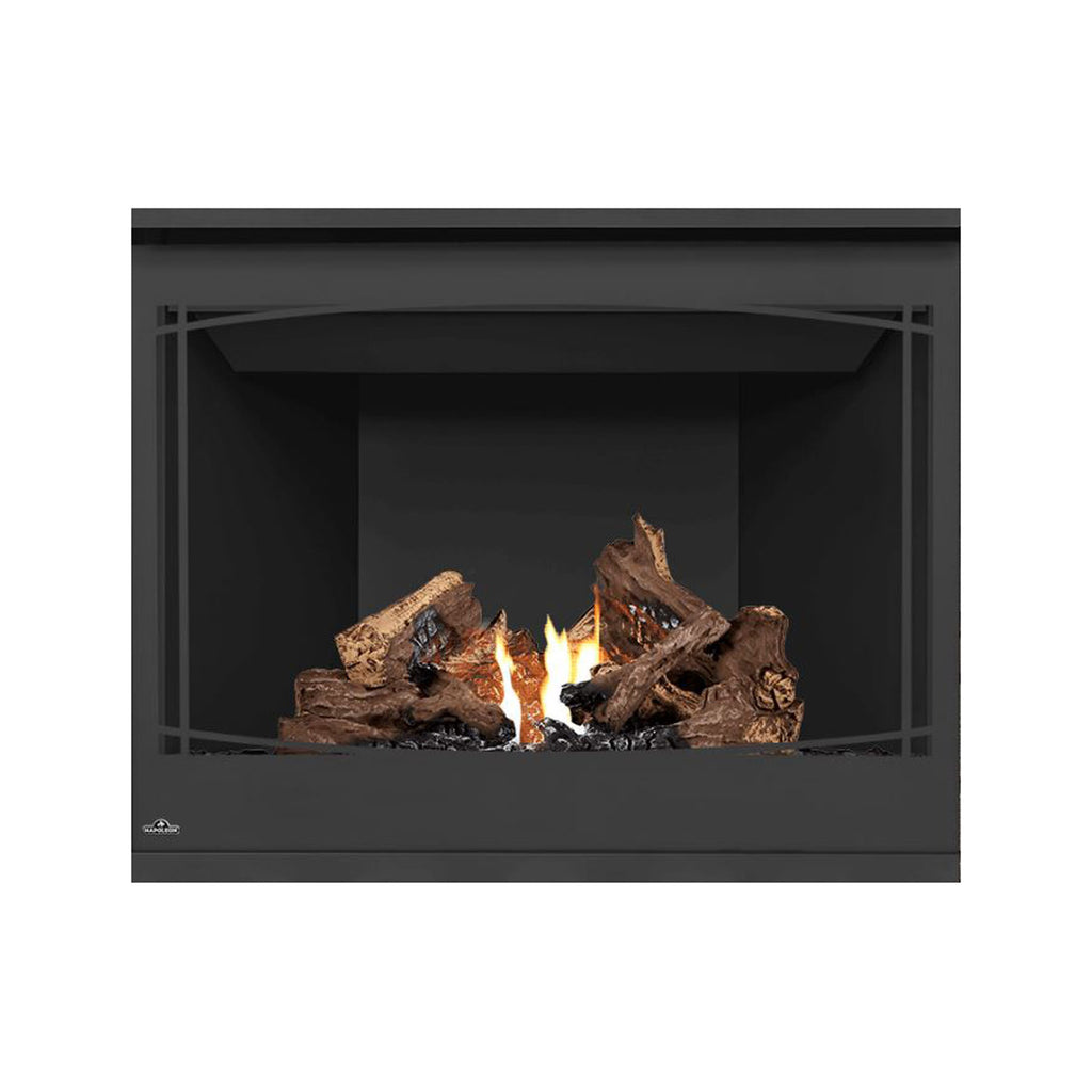 Direct vent gas fireplace with dark metal frame and glass screen, burning logs and flames
