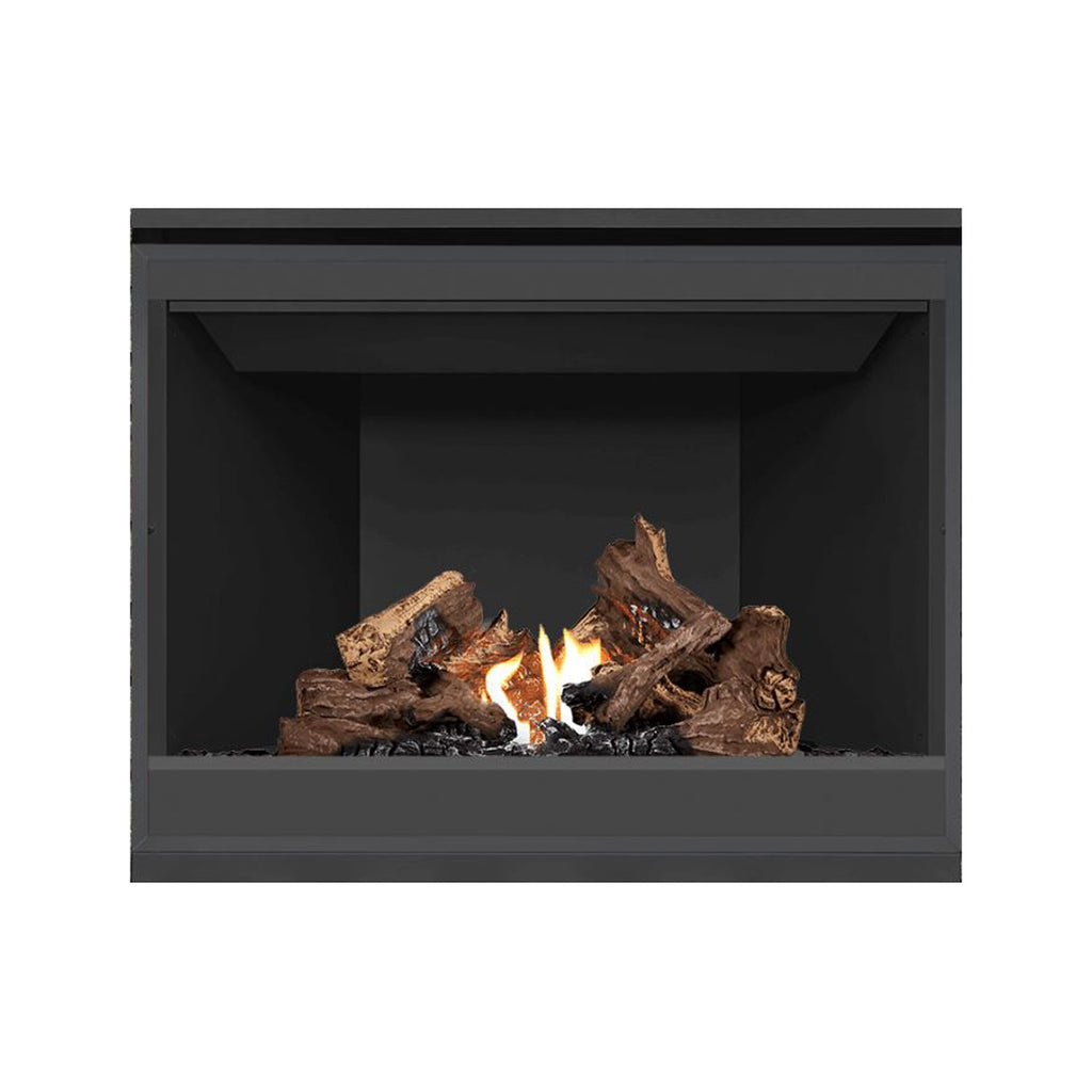 Direct vent gas fireplace with dark surround and visible flame over stacked log pieces
