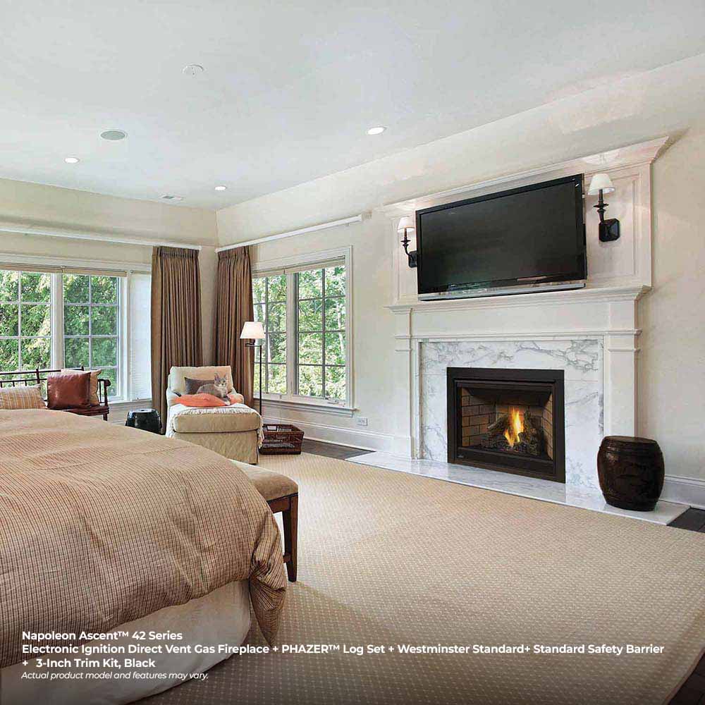 Napoleon Ascent gas fireplace with black surround, gray brick liner, burning logs