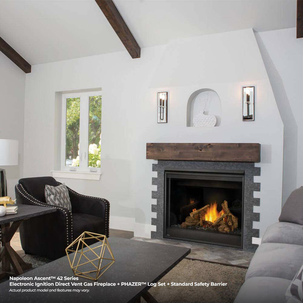 Napoleon Ascent gas fireplace with black glass front and burning wood logs