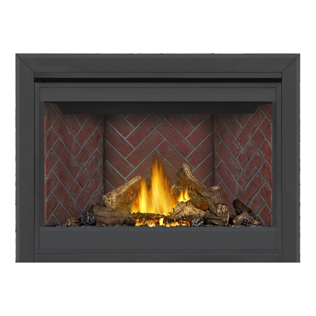 Direct vent gas fireplace with dark frame, glowing flames, red brick interior wall