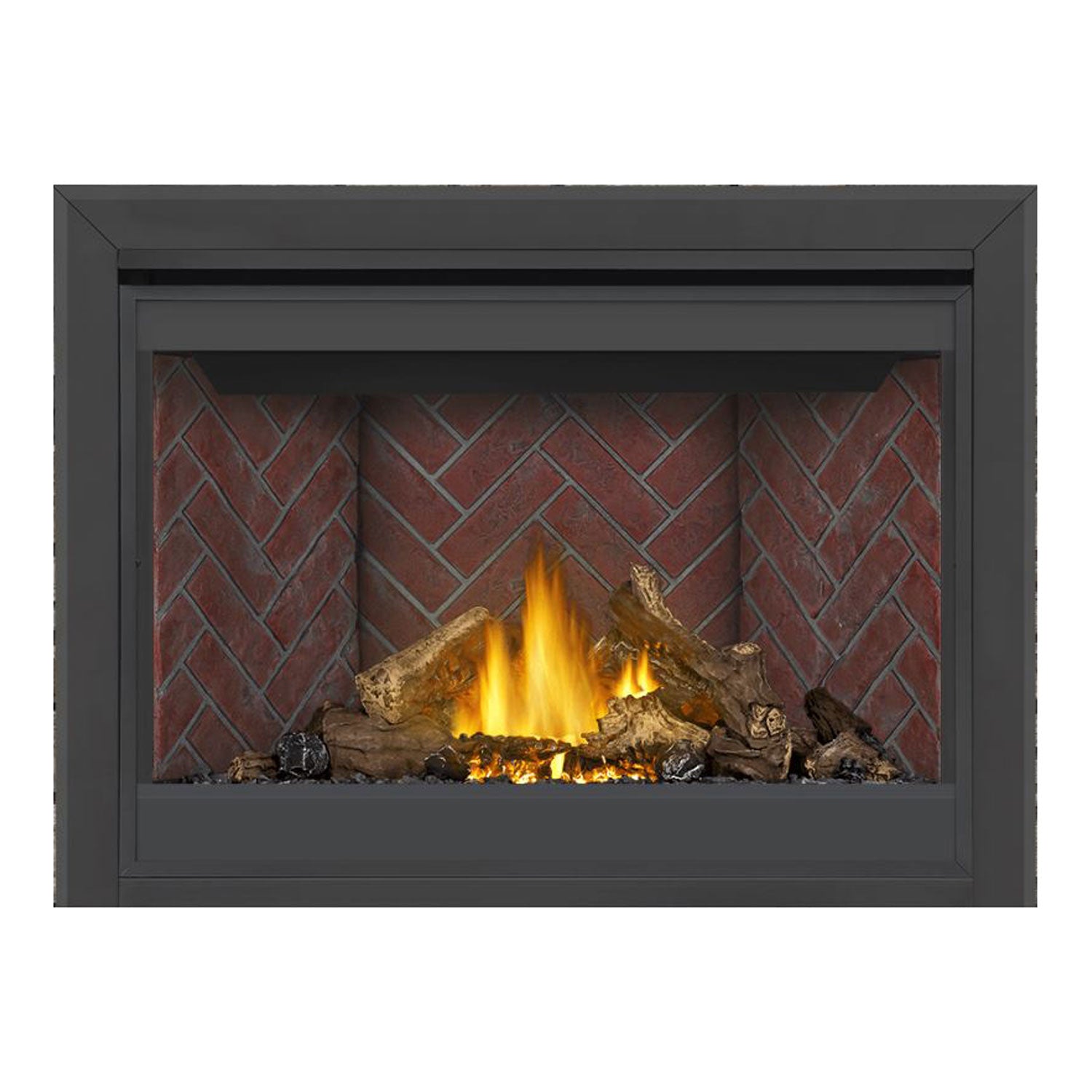 Direct vent gas fireplace with dark frame, glowing flames, red brick interior wall
