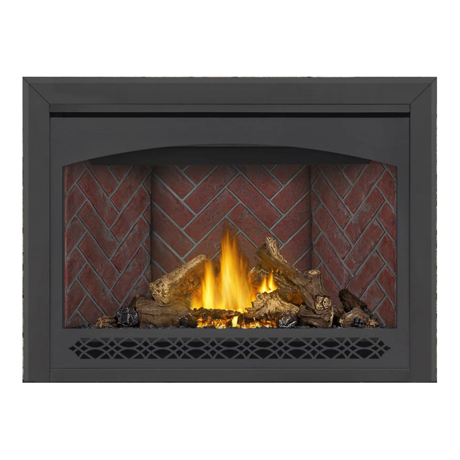 Direct vent gas fireplace with dark frame, glowing flames, red brick interior wall