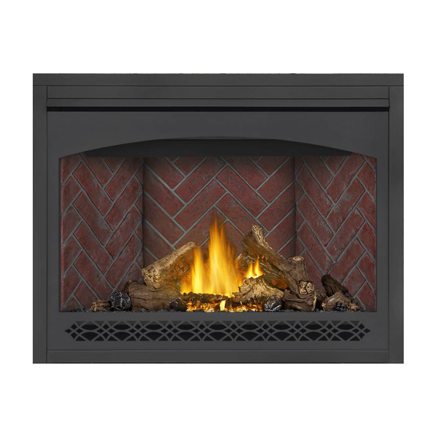 Direct vent gas fireplace with dark frame, glowing flames, red brick back panel
