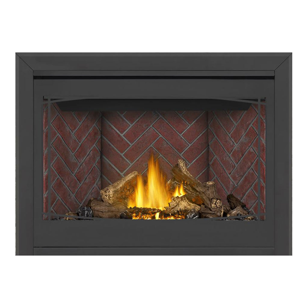 Direct vent gas fireplace with dark frame, glowing flames, red brick back panel