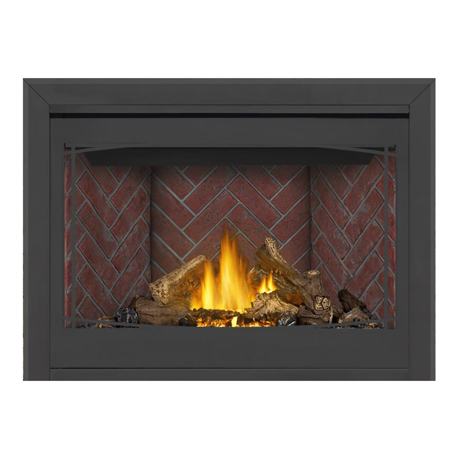 Direct vent gas fireplace with dark frame, glowing flames, red brick back panel