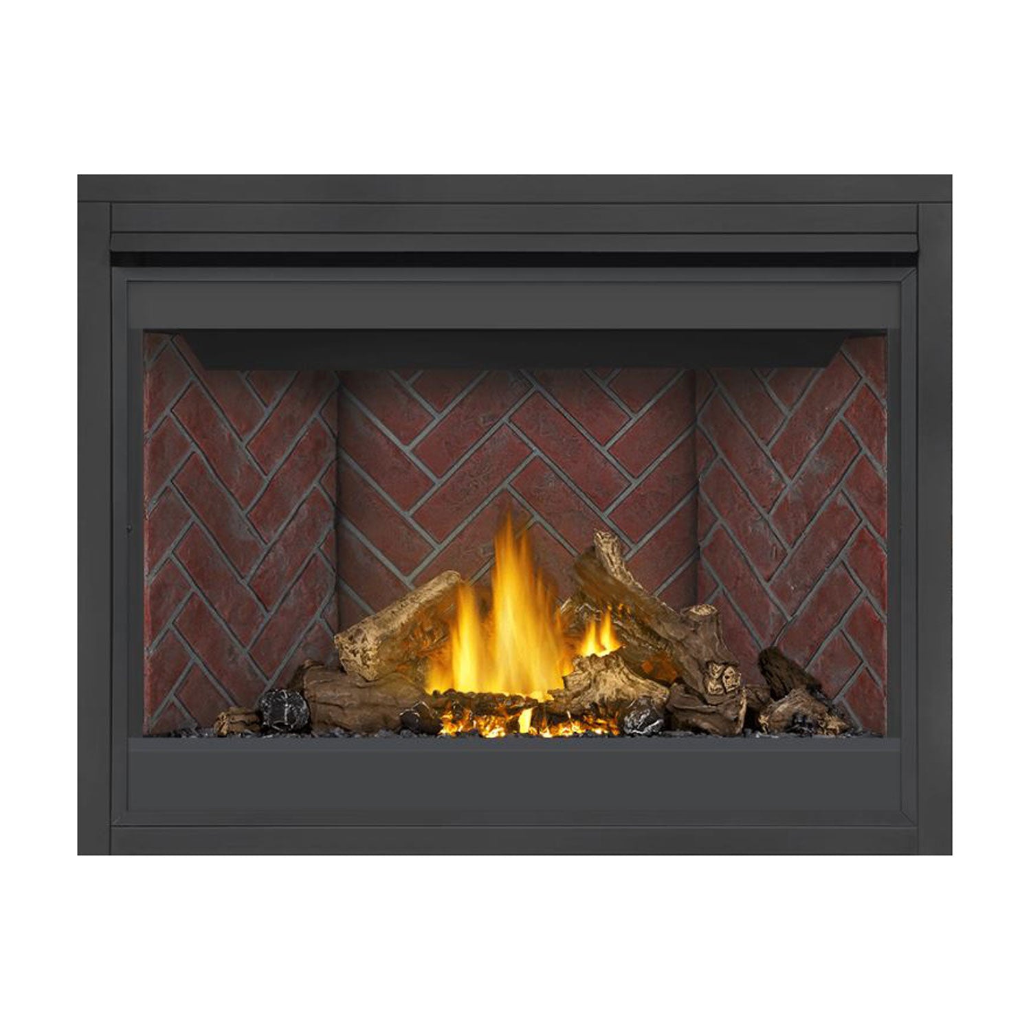 Direct vent gas fireplace with dark frame, glowing flames, red brick back panel