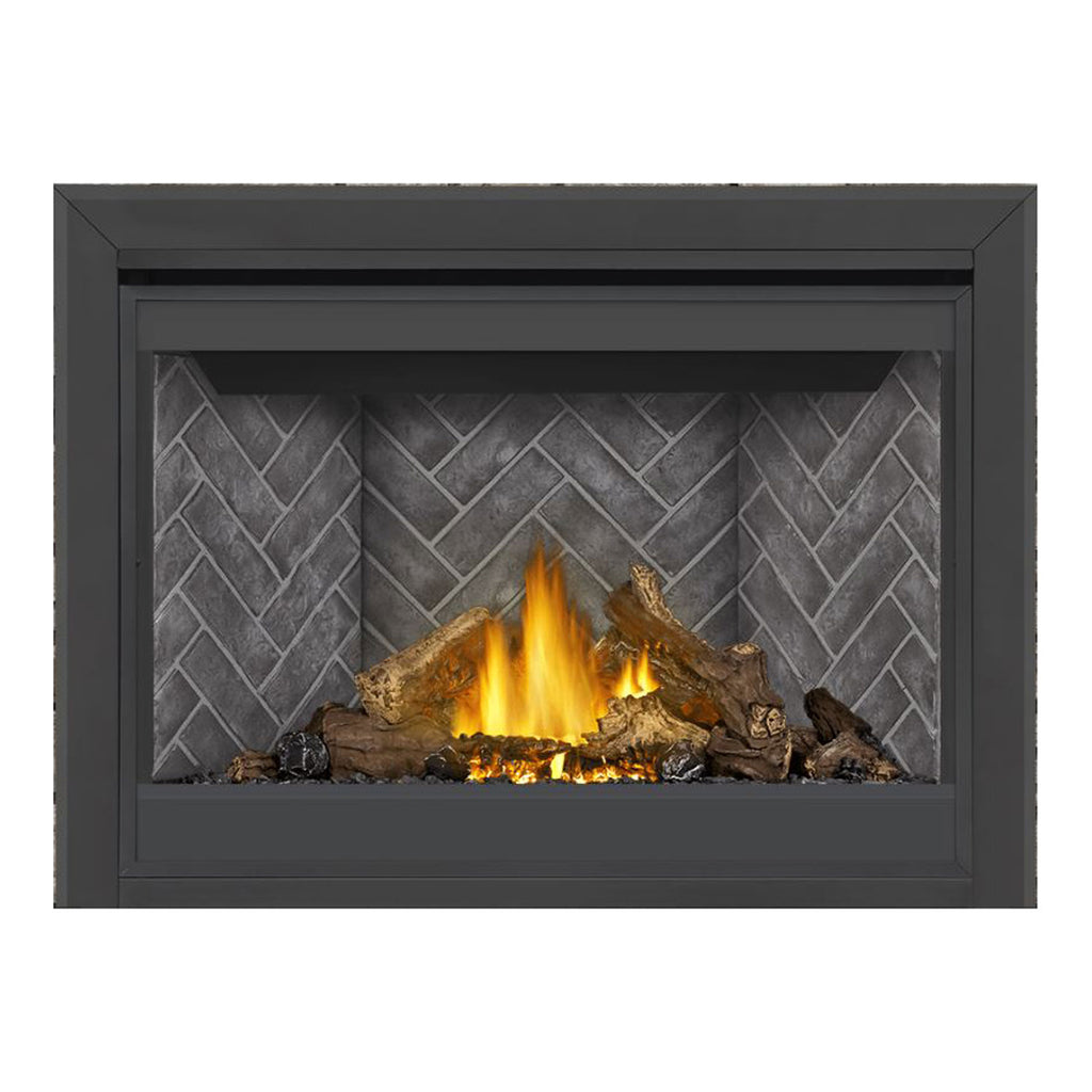 Direct vent gas fireplace with dark frame, glowing flames, gray brick back panel