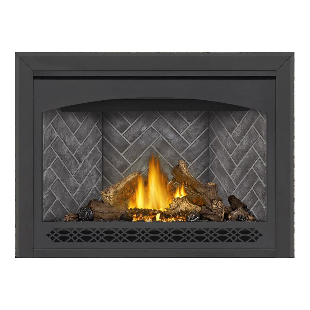 Electronic direct vent gas fireplace with dark surround, stone-look back panel, log and ember bed flames.