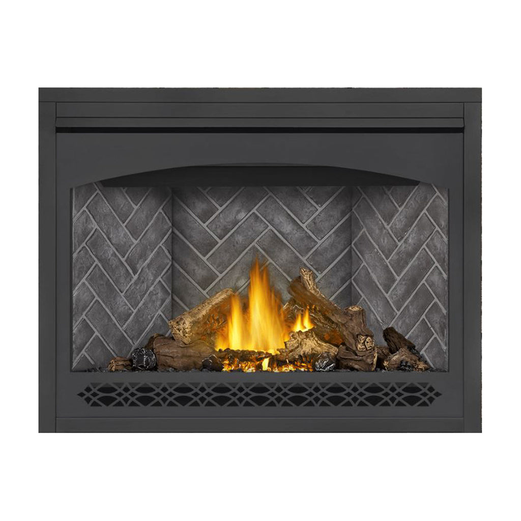 Electronic direct vent gas fireplace with dark surround, stone-look back panel, glowing logs and flames.