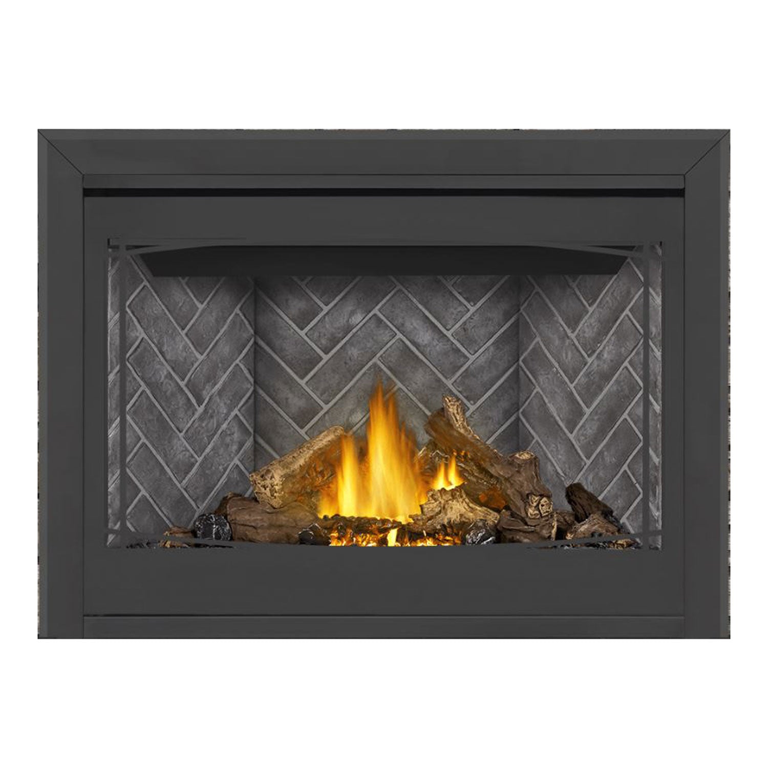Electronic direct vent gas fireplace with dark surround and stone-look back panel, glowing logs and flames.