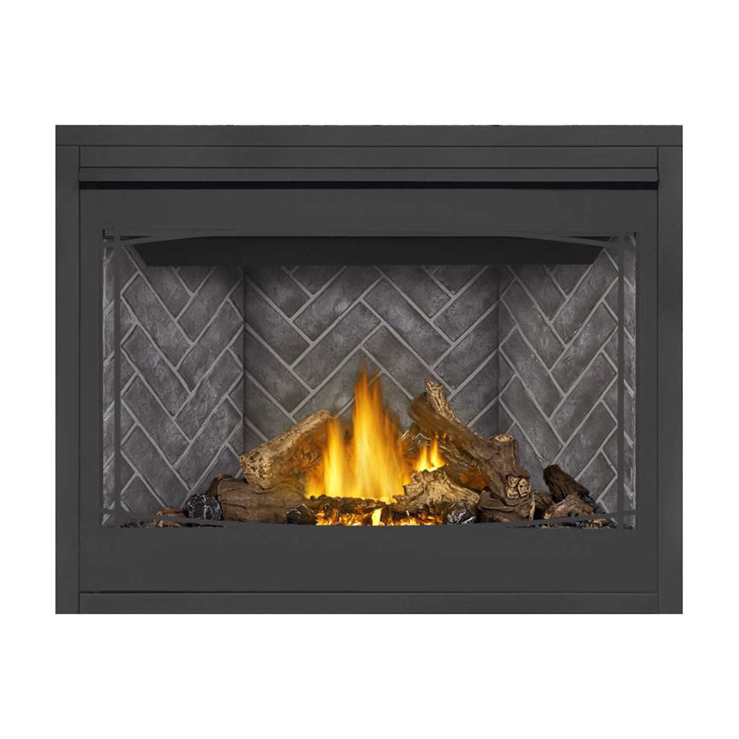 Electronic direct vent gas fireplace with dark frame and stone-look back, burning logs and embers.