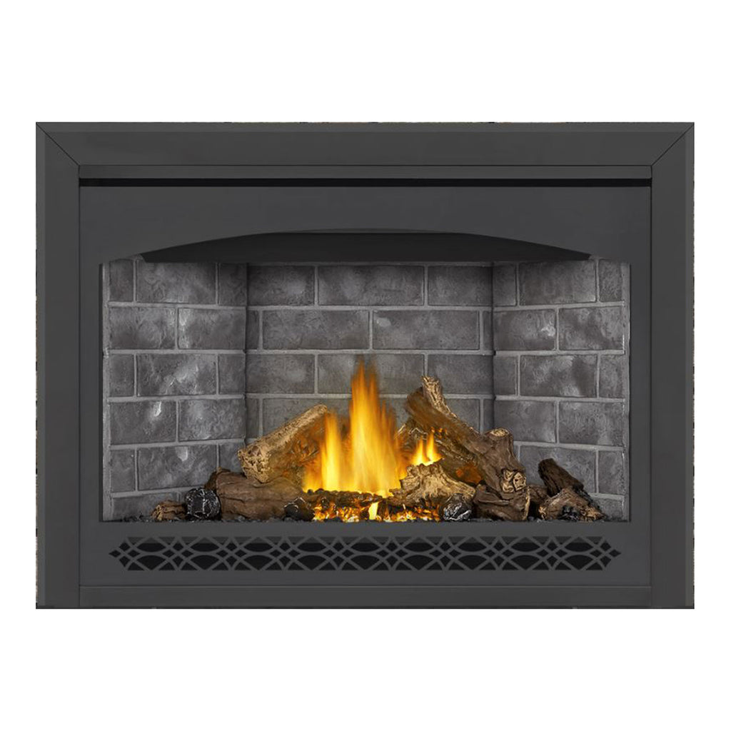Electronic direct vent gas fireplace with dark frame and gray brick-look back panel, burning logs and embers.
