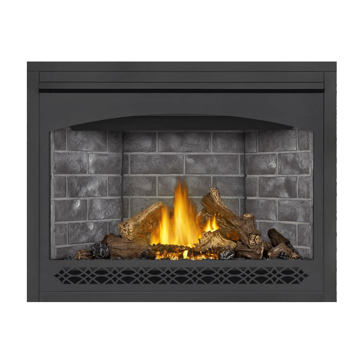Electronic direct vent gas fireplace with dark surround, gray brick-look back, log and ember bed flames.