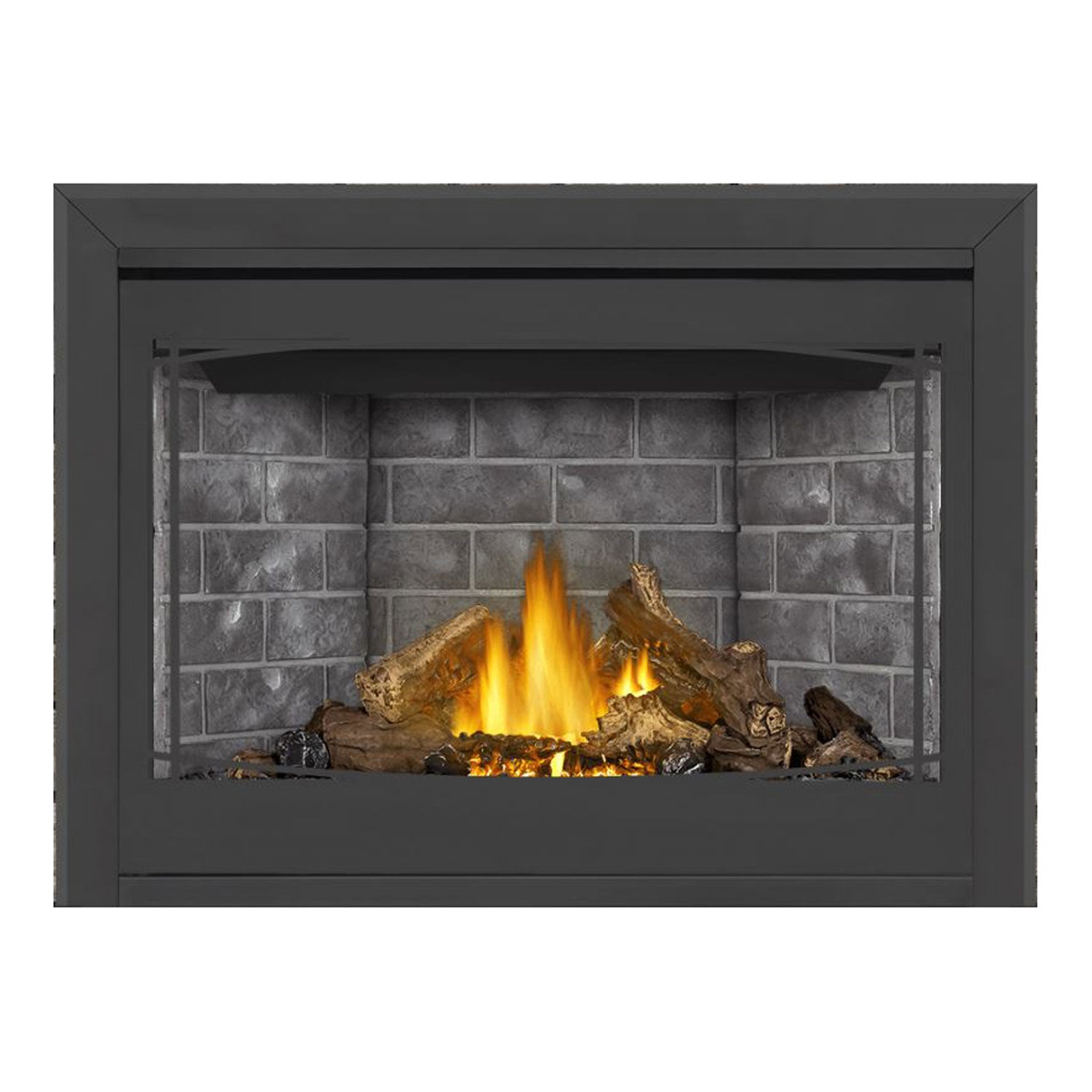 Electronic direct vent gas fireplace with dark frame and gray brick-look back, burning logs and embers.