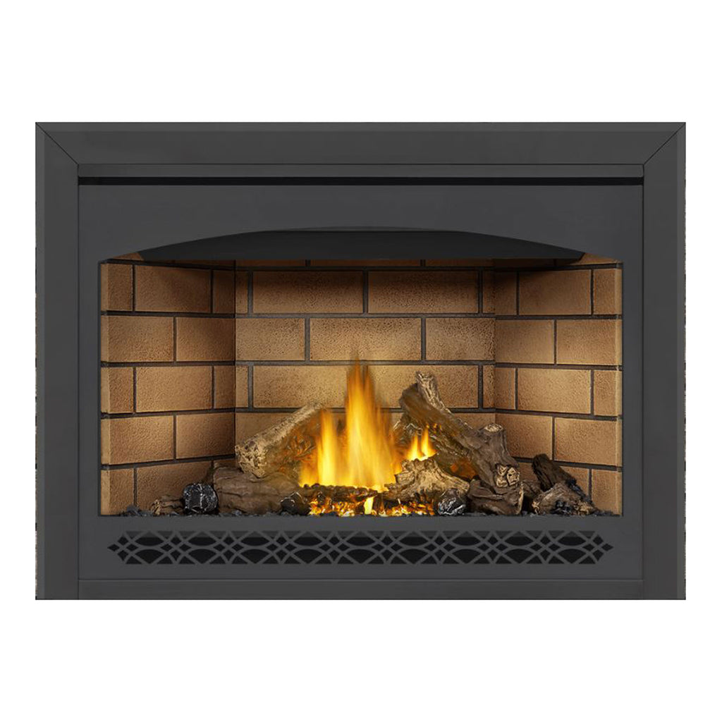 Napoleon direct vent gas fireplace with brick back panel, dark gray frame, burning logs and flames