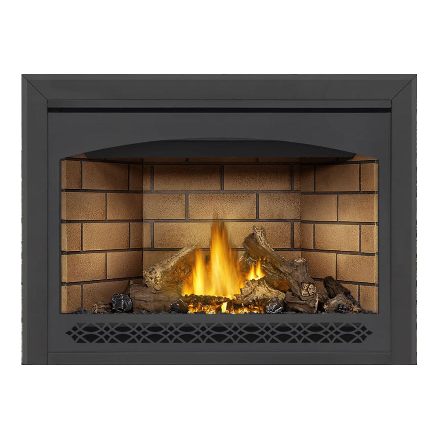 Napoleon direct vent gas fireplace with brick back panel, dark gray frame, burning logs and flames