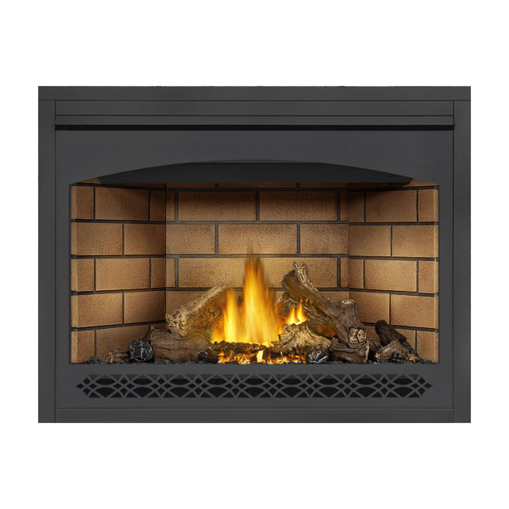 Napoleon direct vent gas fireplace with brick back and mesh grille, dark gray frame, burning logs