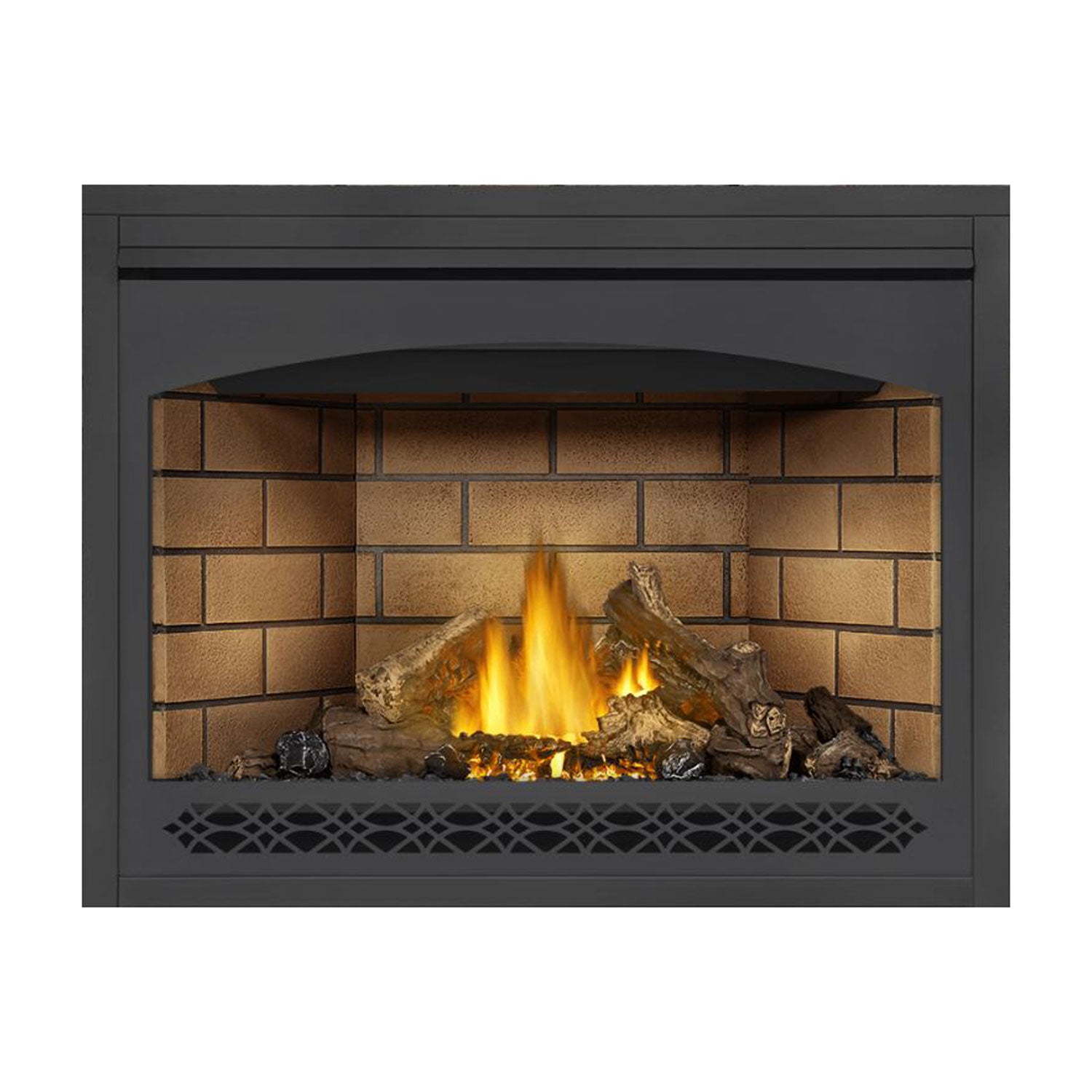 Napoleon direct vent gas fireplace with brick back and mesh grille, dark gray frame, burning logs