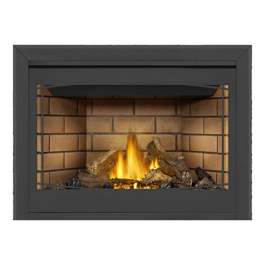 Direct vent gas fireplace with dark frame, glowing flames, tan brick back panel