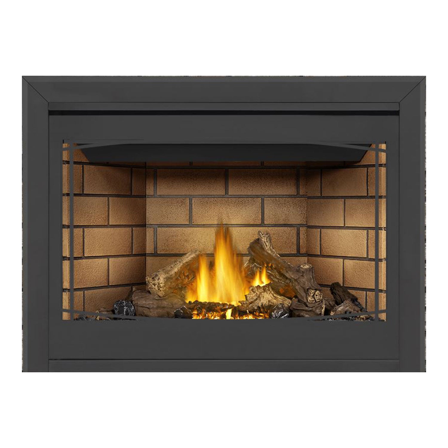 Direct vent gas fireplace with dark frame, glowing flames, tan brick back panel