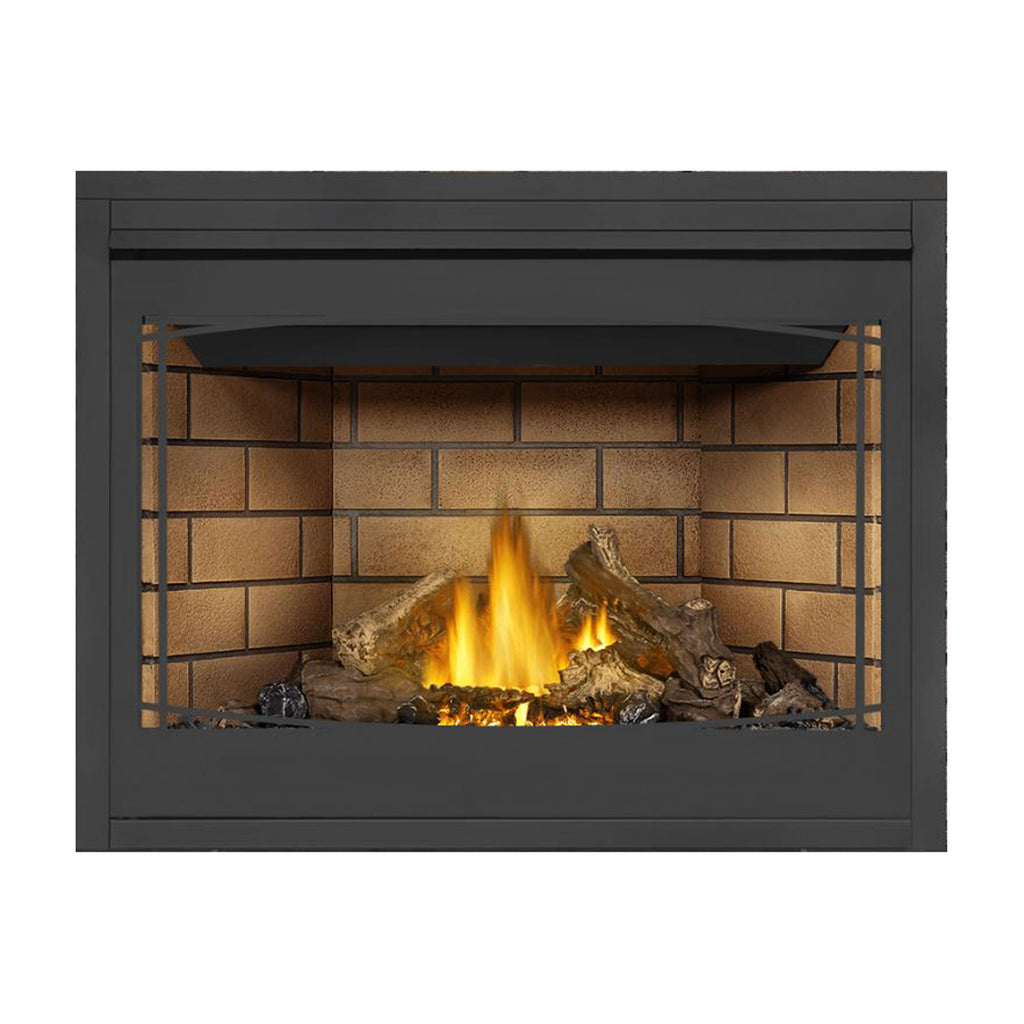 Direct vent gas fireplace with dark frame, glowing flames, tan brick interior