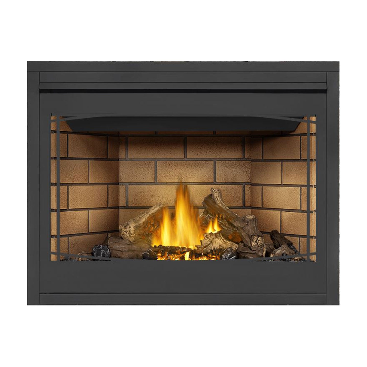Direct vent gas fireplace with dark frame, glowing flames, tan brick interior