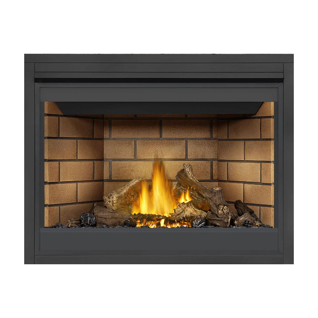 Napoleon direct vent gas fireplace with brick-style back panel, dark gray frame, burning logs