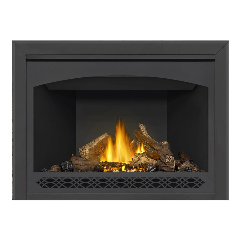 Napoleon direct vent gas fireplace with mesh grille, dark gray frame, burning logs visible