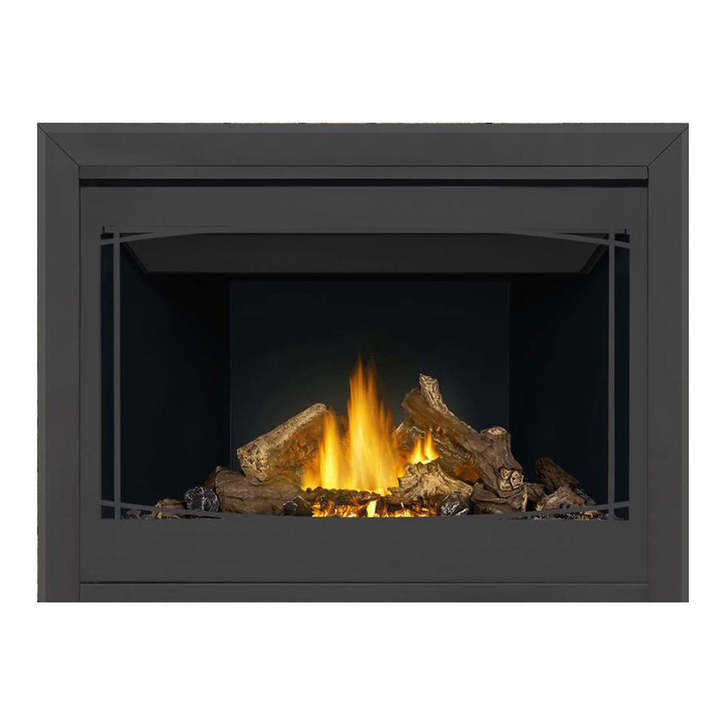 Direct vent gas fireplace with dark gray frame and glowing logs, open side panels visible
