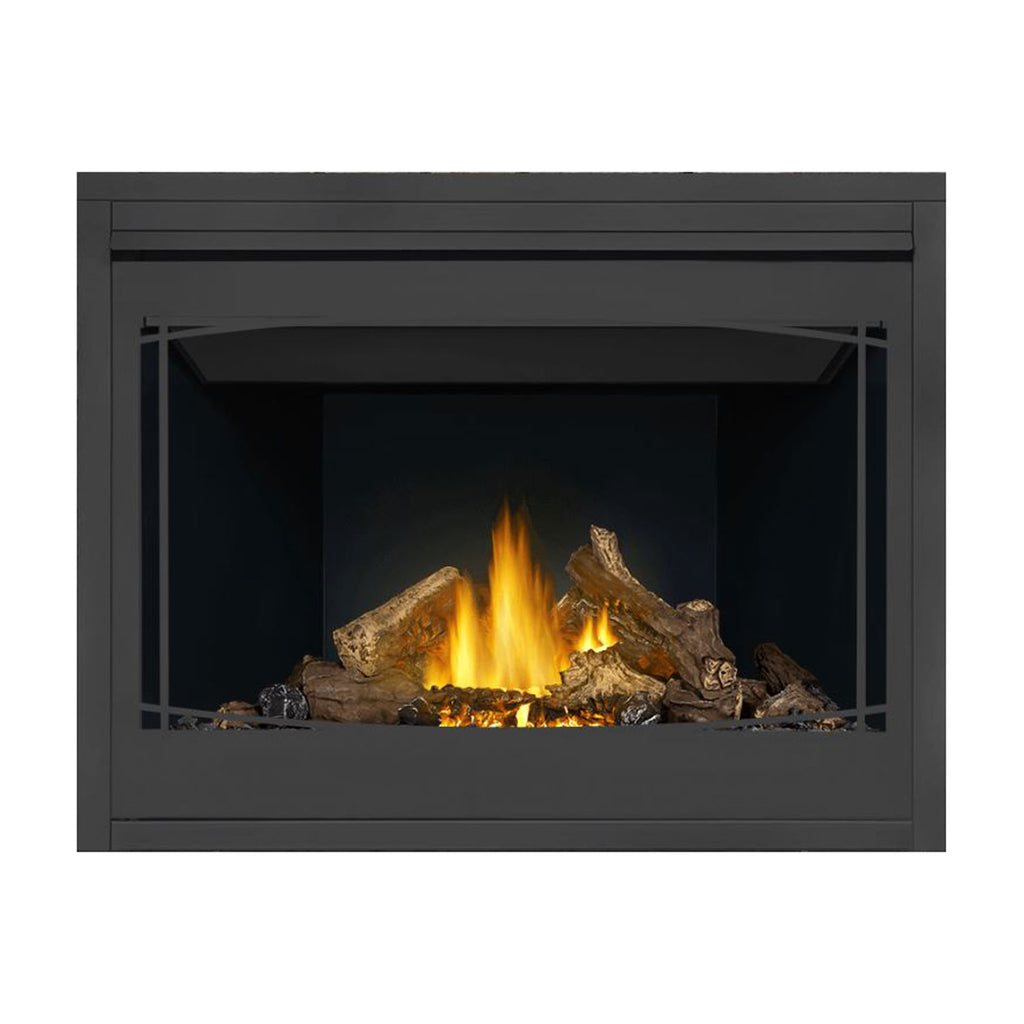 Direct vent gas fireplace with dark gray frame, glowing logs, and visible side supports